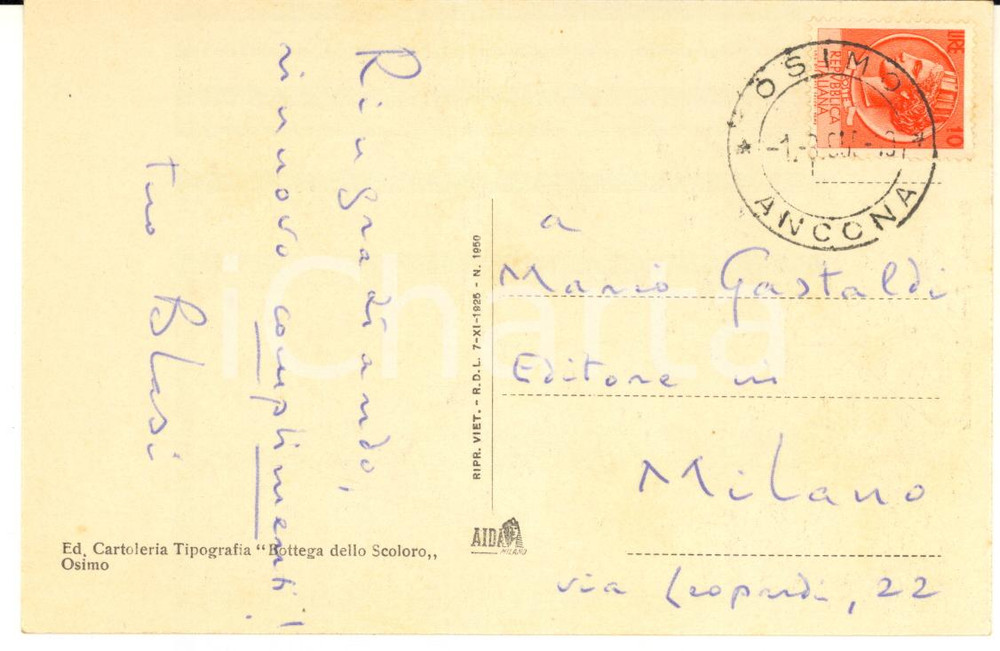1955 OSIMO Cartolina poeta Mario BLASI a Mario Gastaldi - AUTOGRAFO FG VG