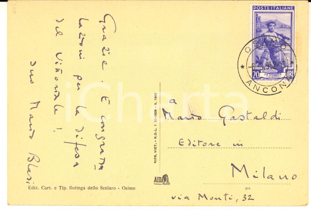 1952 OSIMO Poeta Mario BLASI a Mario Gastaldi per difesa Vittoriale - AUTOGRAFO