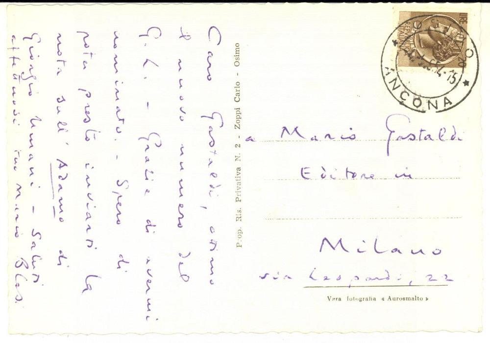 1952 OSIMO Poeta Mario BLASI a Mario Gastaldi per ringraziamento - AUTOGRAFO