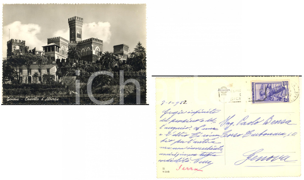 1952 GENOVA Castello d'Albertis - Cartolina con autografo marchese SERRA FG VG