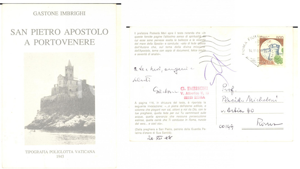 1988 ROMA Gastone IMBRIGHI "San Pietro Apostolo a Portovenere"- AUTOGRAFO FG VG