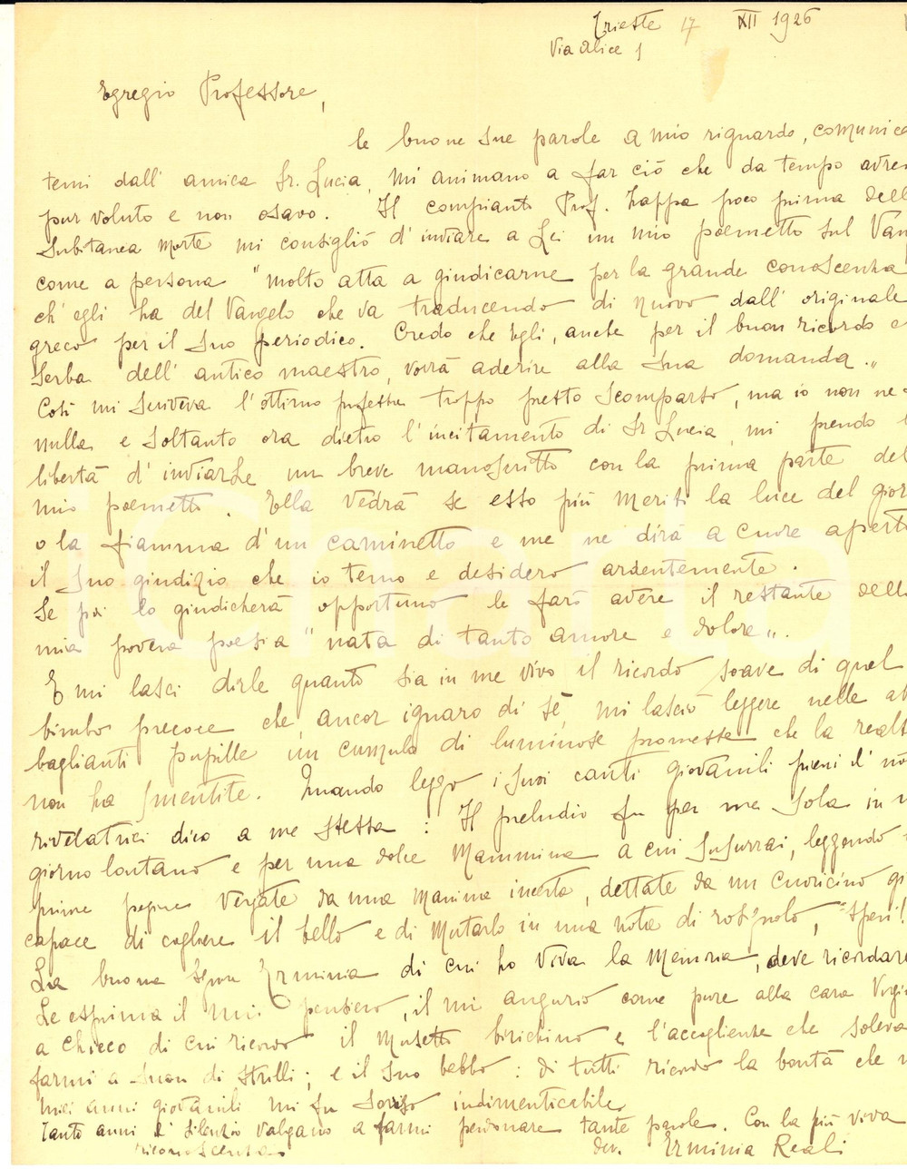 1926 TRIESTE Erminia REALI promuove il suo poemetto sul Vangelo - AUTOGRAFO