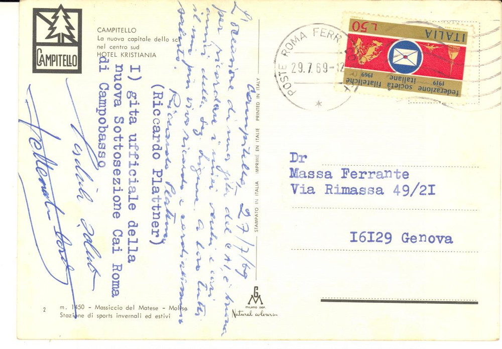 1969 SCI CAMPITELLO Cartolina Riccardo PLATTNER - Autografo FG VG