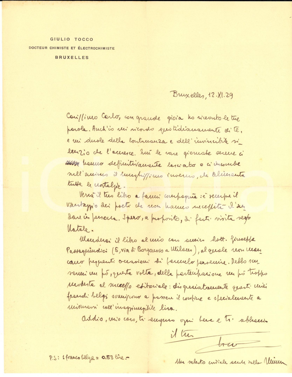 1929 BRUXELLES Chimico Giulio TOCCO ringrazia Carlo SAGGIO per libro - AUTOGRAFO