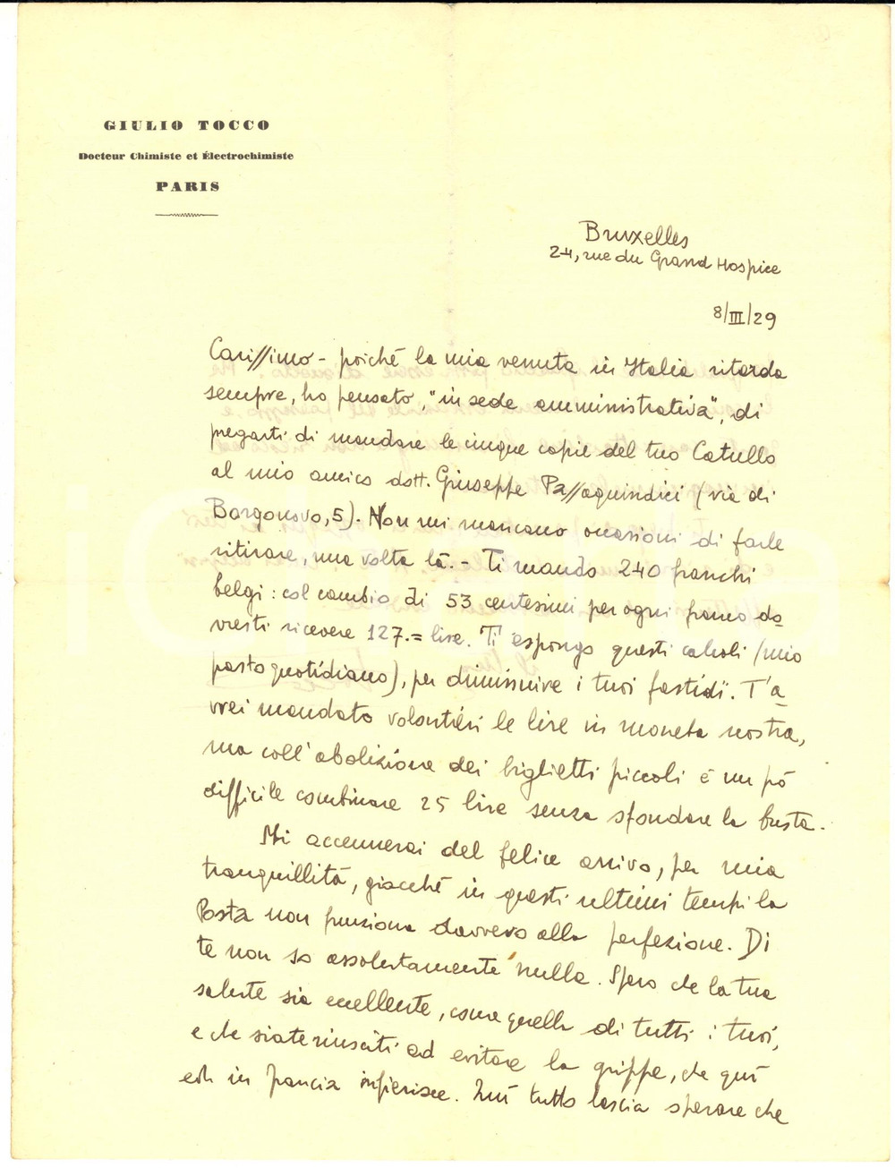 1929 BRUXELLES Chimico Giulio TOCCO a Carlo SAGGIO per invio libri - AUTOGRAFO