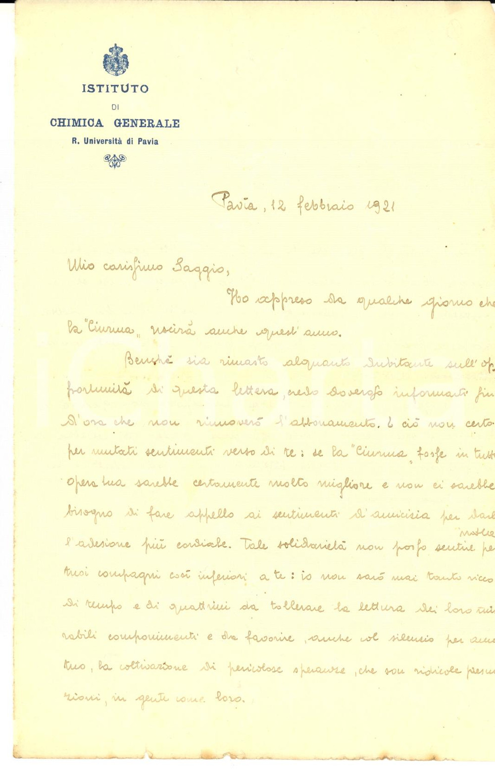 1921 PAVIA Lettera chimico Giulio TOCCO su uscita de "La Ciurma" - AUTOGRAFO