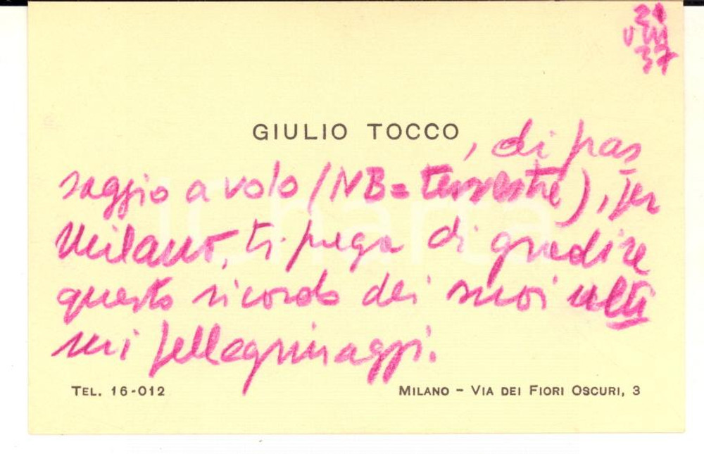 1937 MILANO Chimico Giulio TOCCO - Biglietto da visita - AUTOGRAFO