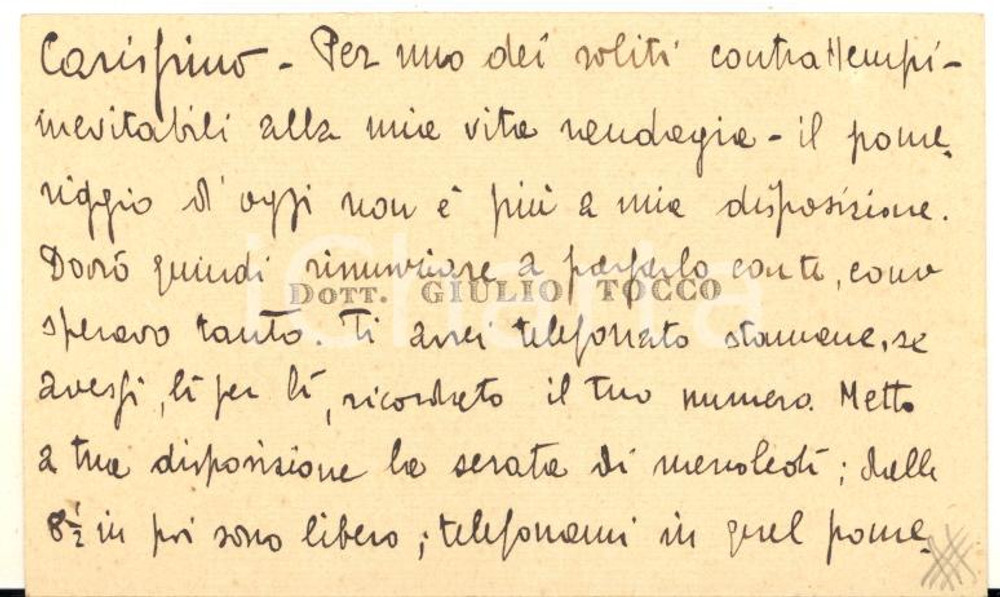 1923 MILANO POLITECNICO Chimico Giulio TOCCO - Biglietto da visita - AUTOGRAFO