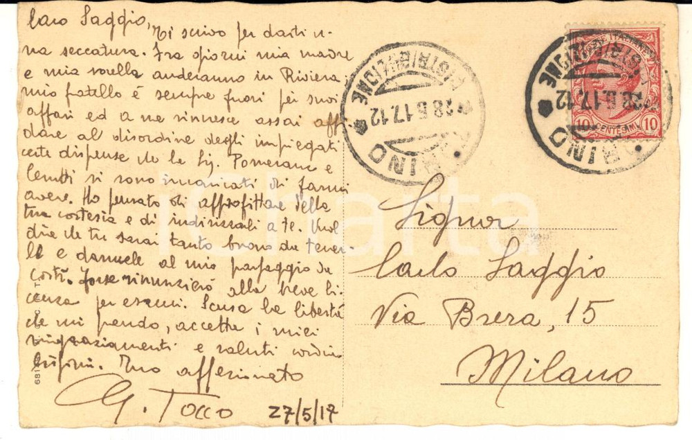 1917 TORINO Cartolina chimico Giulio TOCCO a Carlo Saggio - AUTOGRAFO FP VG