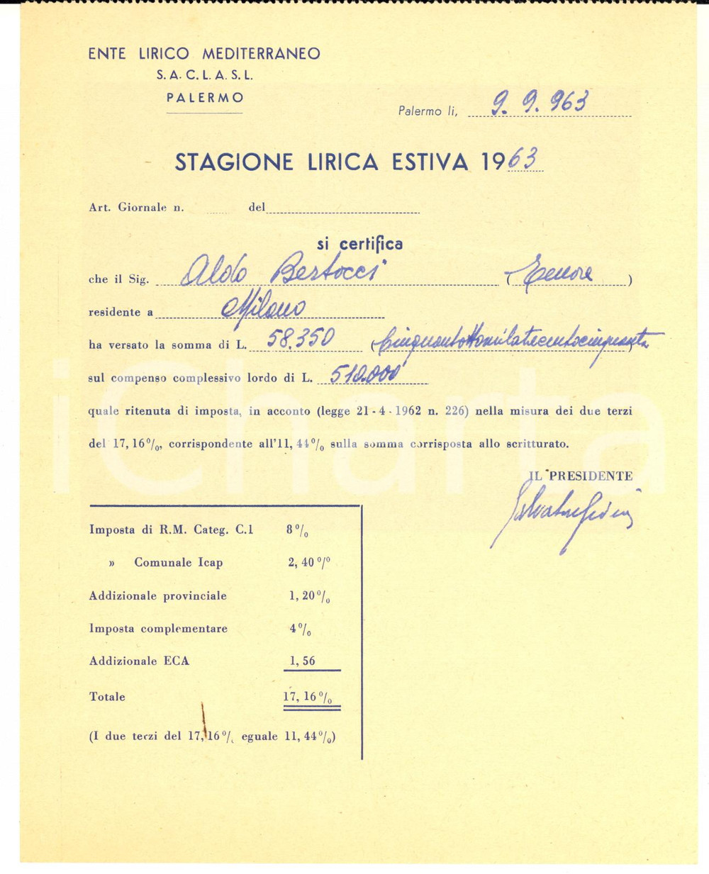 1963 PALERMO Ente Lirico Mediterraneo - Ricevuta al tenore Aldo Bertocci