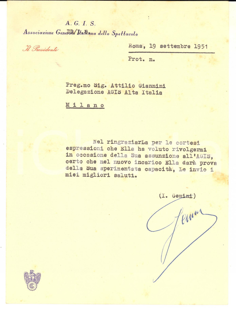 1951 ROMA AGIS Lettera presidente Italo GEMINI  ad Attilio Giannini - AUTOGRAFO