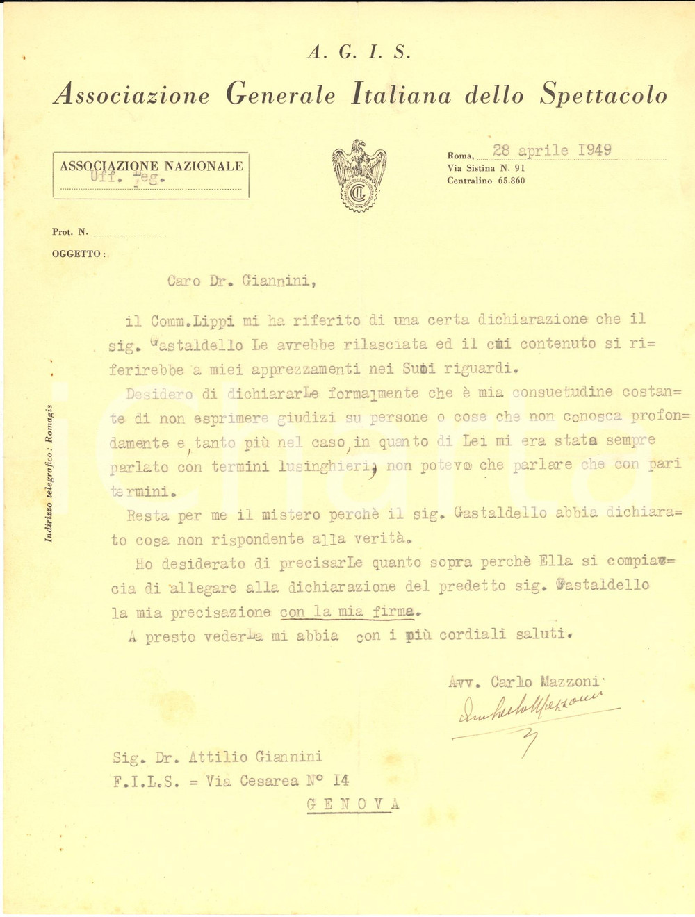 1949 ROMA Lettera avv. Carlo MAZZONI - AGIS Associazione Spettacolo - AUTOGRAFO