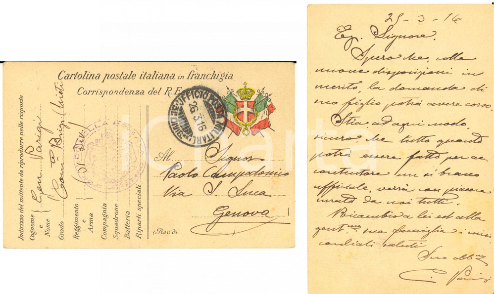 1916 WW1 BRIGATA CHIETI Cartolina gen. Cesare PARIGI - AUTOGRAFO FP