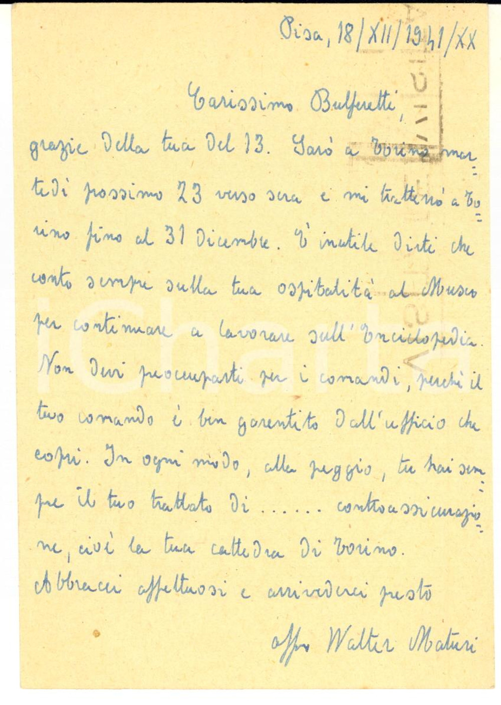 1942 PISA Cartolina Walter MATURI per lavoro a Torino - AUTOGRAFO FG VG