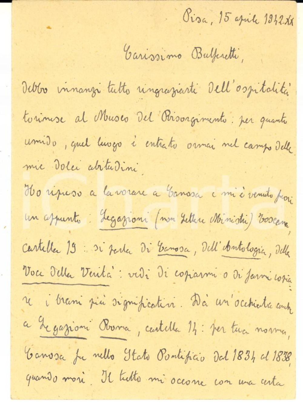 1942 PISA Cartolina Walter MATURI a Luigi Bulferetti - AUTOGRAFO FG VG