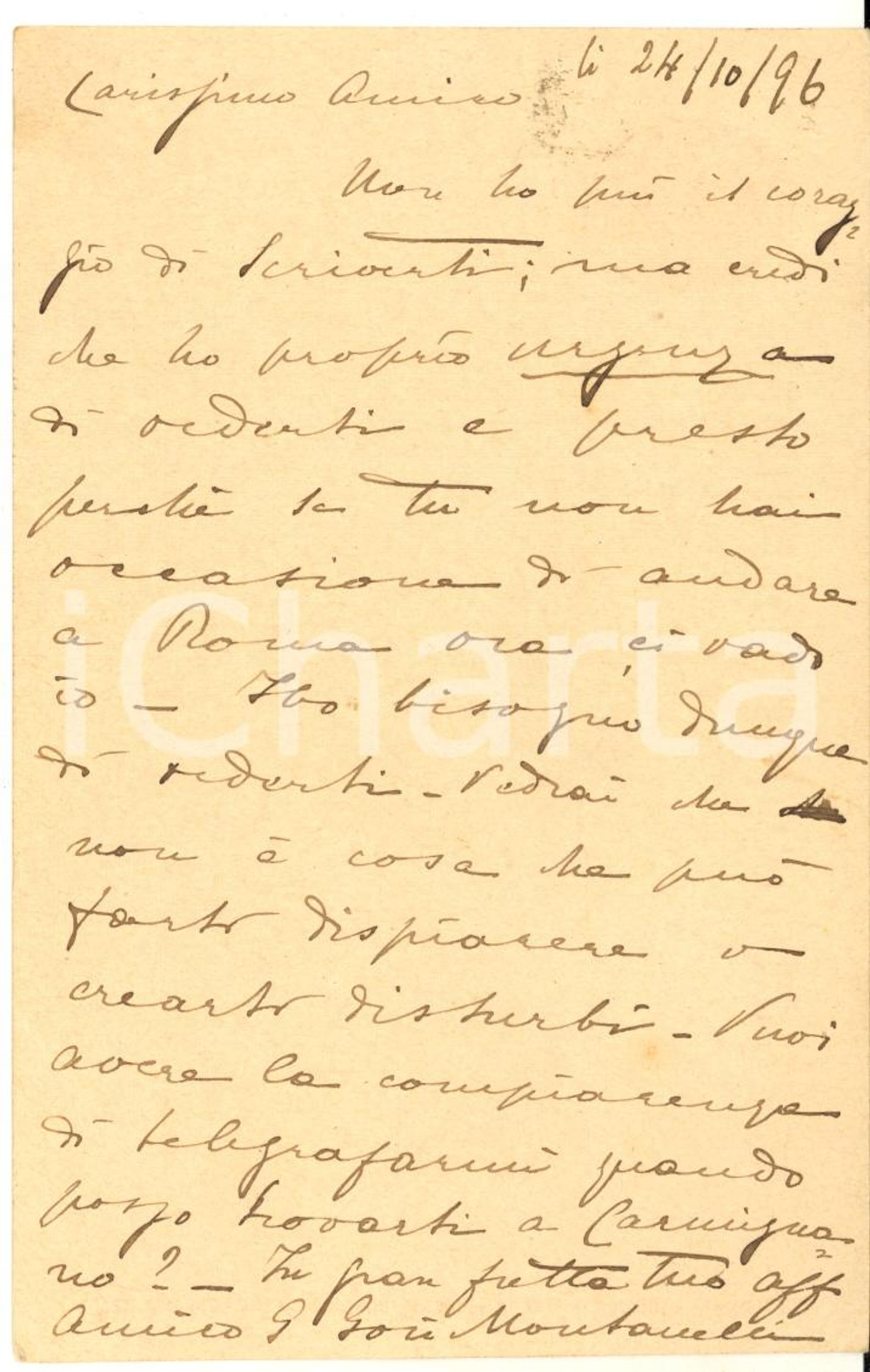 1896 FIRENZE Cartolina Giuseppe GORI MONTANELLI per appuntamento AUTOGRAFO FP VG