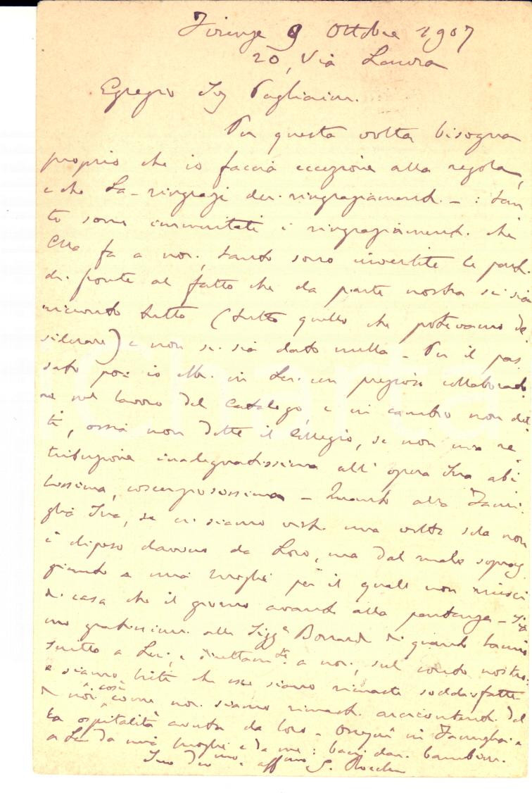 1907 UNIVERSITA' DI FIRENZE Cartolina S. ROCCHI ad Attilio Pagliaini - FP VG