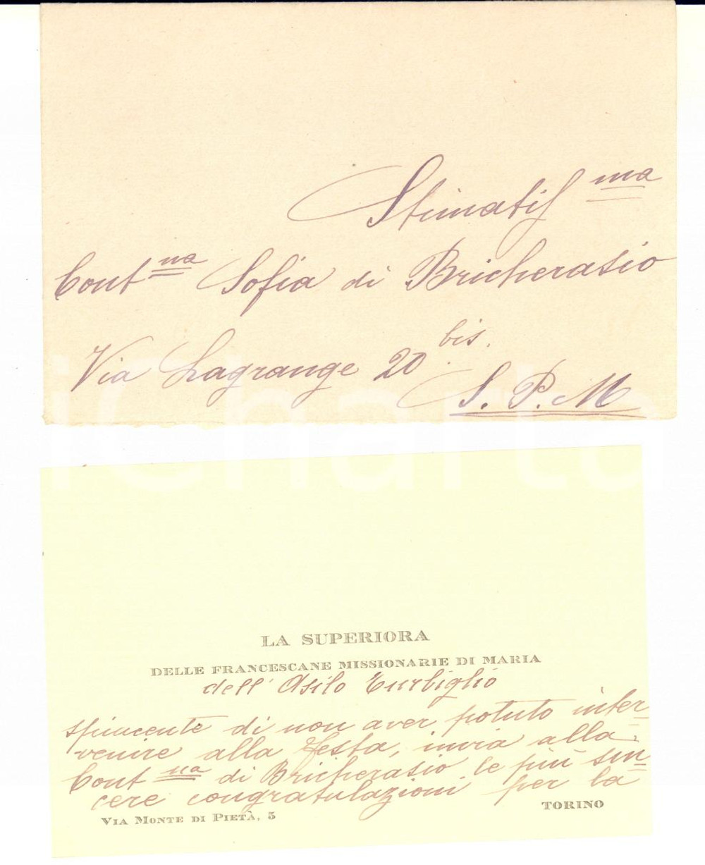 1900 ca TORINO Francescane Missionarie di Maria - Biglietto superiora - Autografo