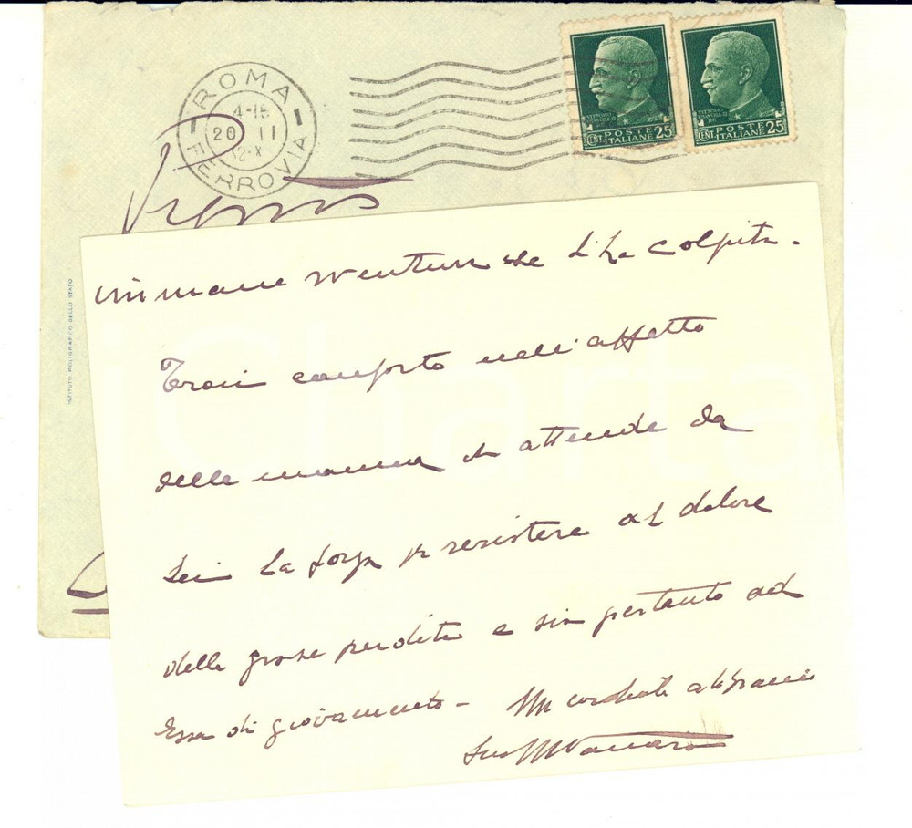 1932 MINISTERO DELLA GUERRA Biglietto M. VACCARO a Luigi DONAVER - AUTOGRAFO