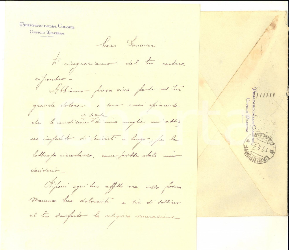 1932 ROMA MINISTERO DELLE COLONIE Lettera del cap. FIORE per condoglianze