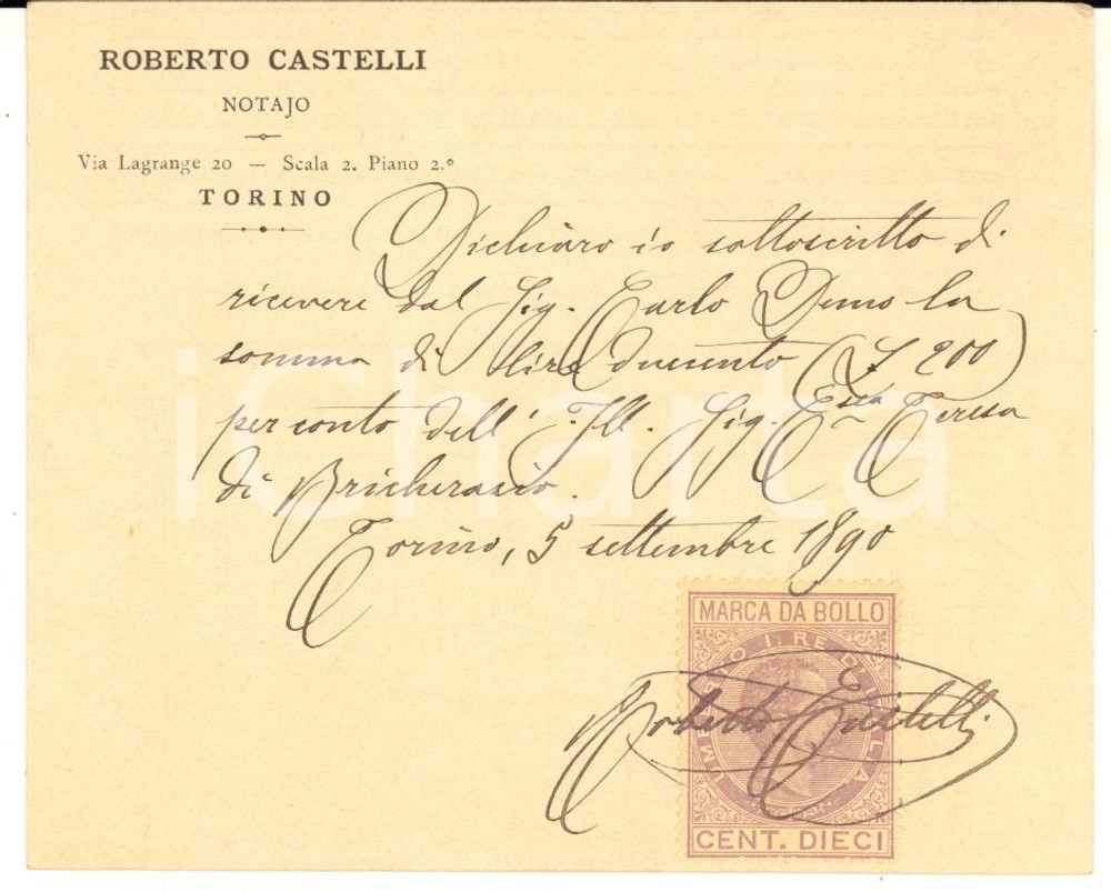 1890 TORINO Notaio Roberto CASTELLI - Biglietto AUTOGRAFO con marca da bollo
