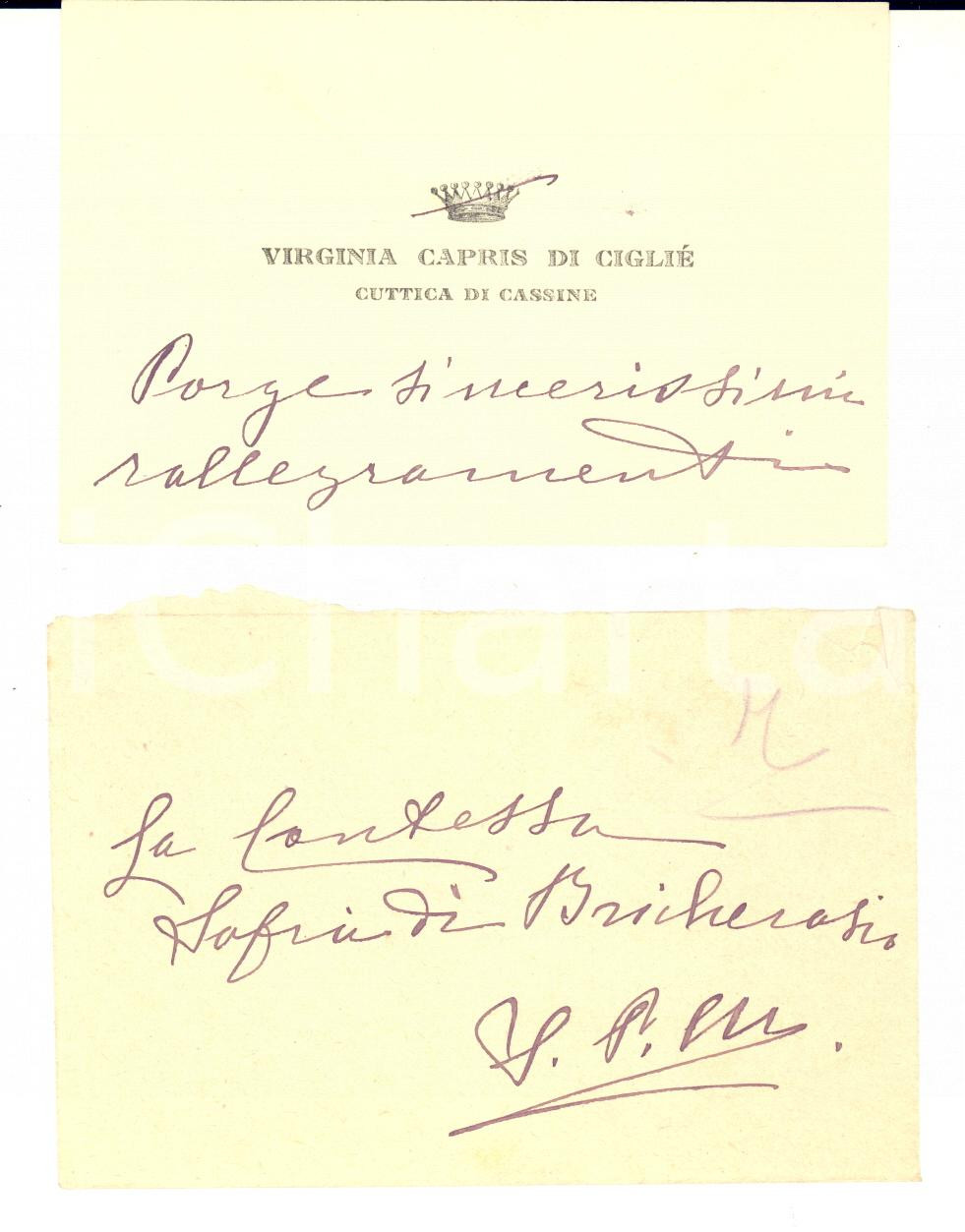 1910 ca TORINO Virginia CAPRIS DI CIGLIE' CUTTICA DI CASSINE Biglietto AUTOGRAFO