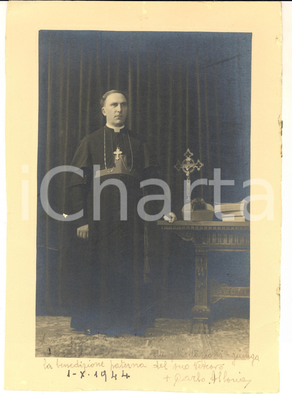 1944 PAVIA Ritratto di mons. Carlo ALLORIO - Foto con autografo 17x23 cm