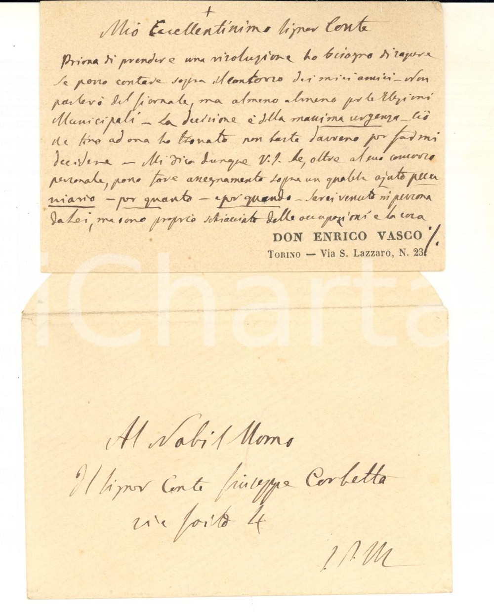 1880 ca TORINO Biglietto don Enrico VASCO al conte Giuseppe Corbetta - AUTOGRAFO