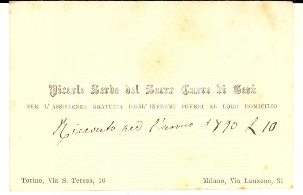 1890 TORINO Piccole Serve del Sacro Cuore di Gesù - Biglietto da visita