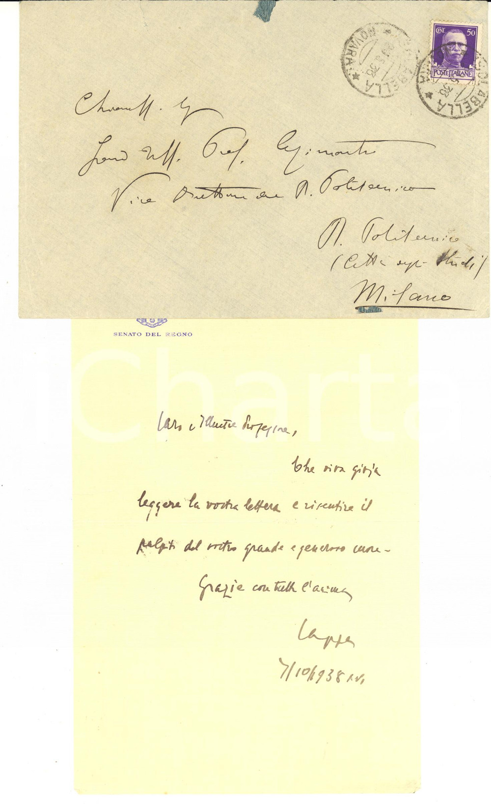 1938 ISOLABELLA Lettera sen. Innocenzo CAPPA a Carlo AZIMONTI - AUTOGRAFO