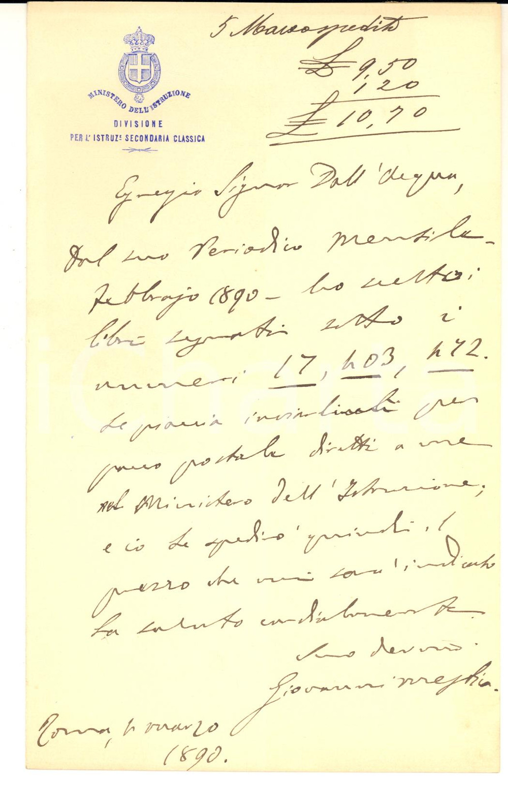 1890 ROMA Ministero dell'Istruzione -  Lettera Giovanni MESTICA - AUTOGRAFO