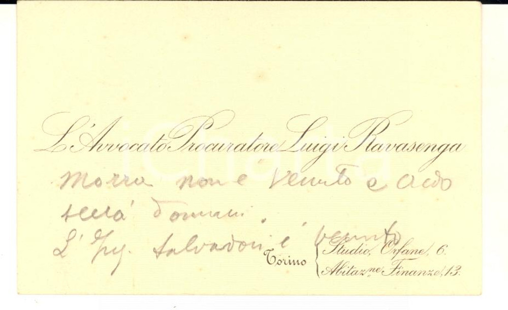 1920 ca TORINO Biglietto avvocato Luigi RAVASENGA - Autografo