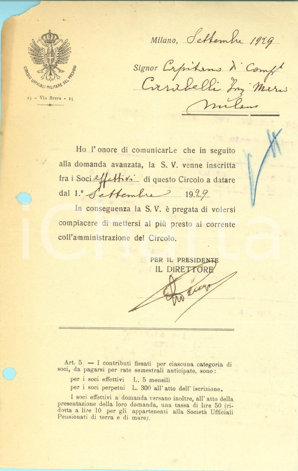 1929 MILANO Circolo Ufficiali Militare del Presidio - Ammissione CARABELLI