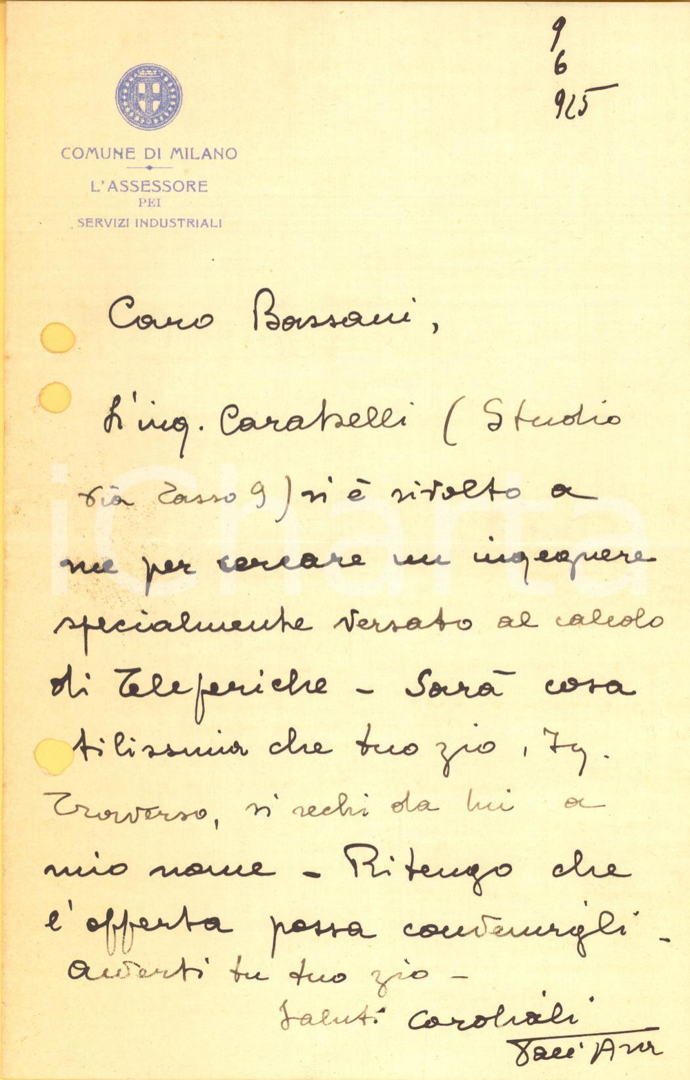 1925 MILANO Lettera Assessore DALL'ARA per ricerca ingegnere *AUTOGRAFO