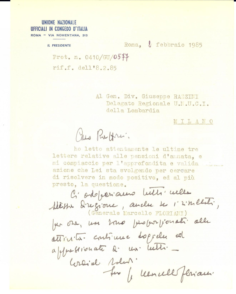 1985 ROMA UNUCI Lettera del presidente gen. Marcello FLORIANI - AUTOGRAFO