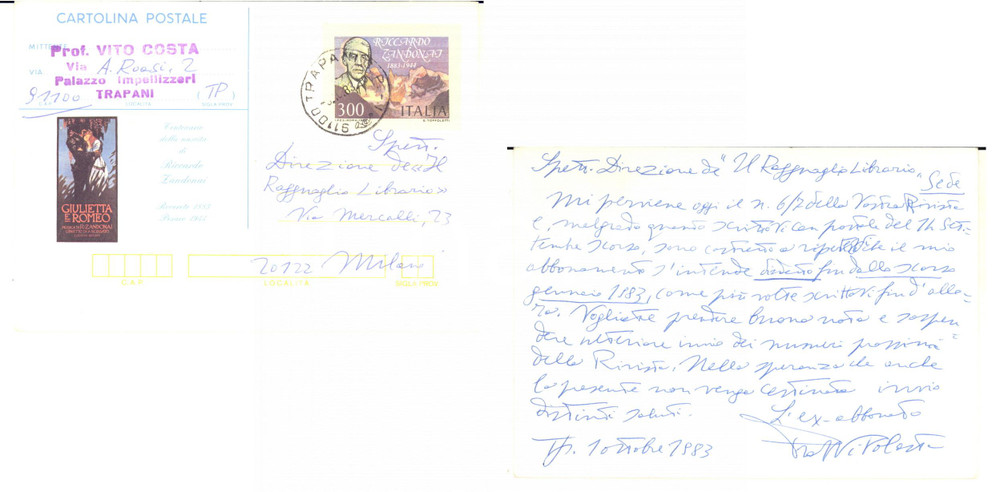 1983 TRAPANI Prof. Vito COSTA - Cartolina per abbonamento - AUTOGRAFO FG VG