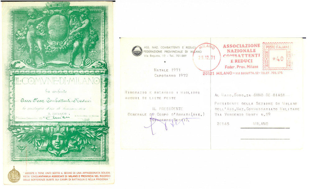 1971 MILANO Associazione Combattenti e Reduci - Gen. Giuseppe BERTI *Autografo