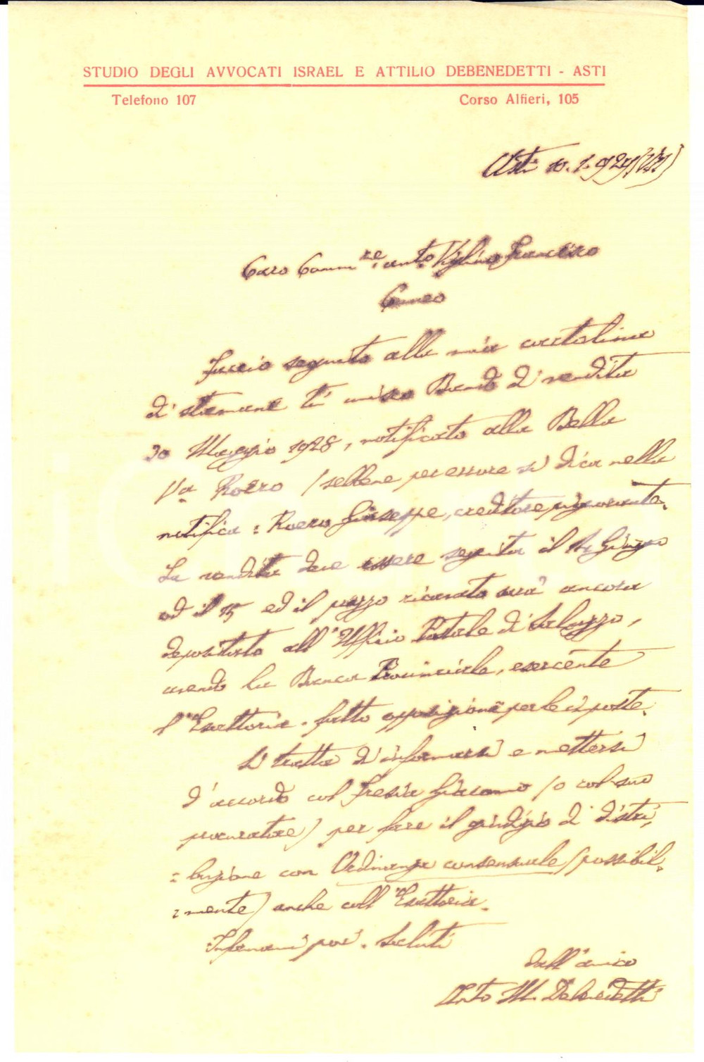 1929 ASTI Lettera avv. Arturo DEBENEDETTI su creditore Giuseppe ROERO *AUTOGRAFO