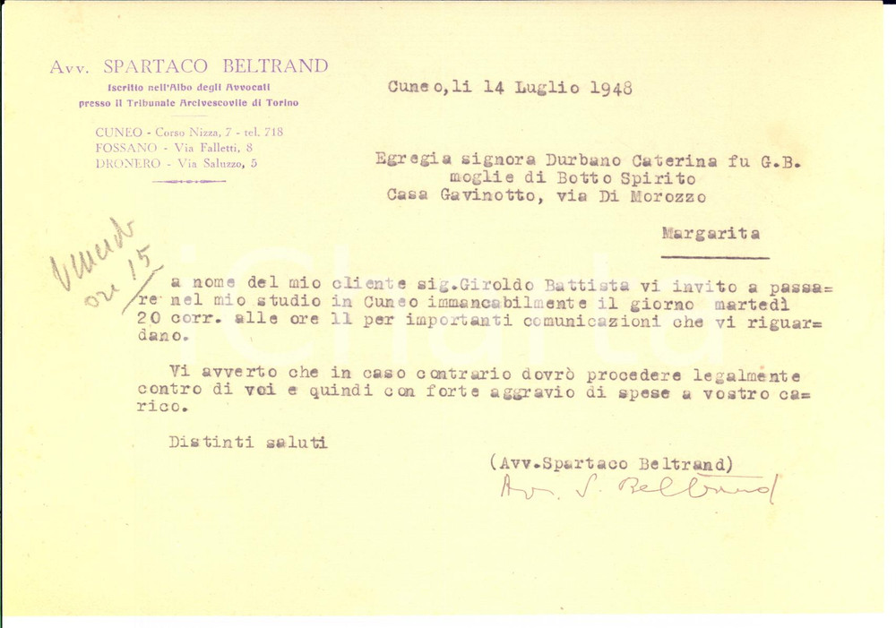 1948 CUNEO Lettera avv. Spartaco BELTRAND per appuntamento - AUTOGRAFO