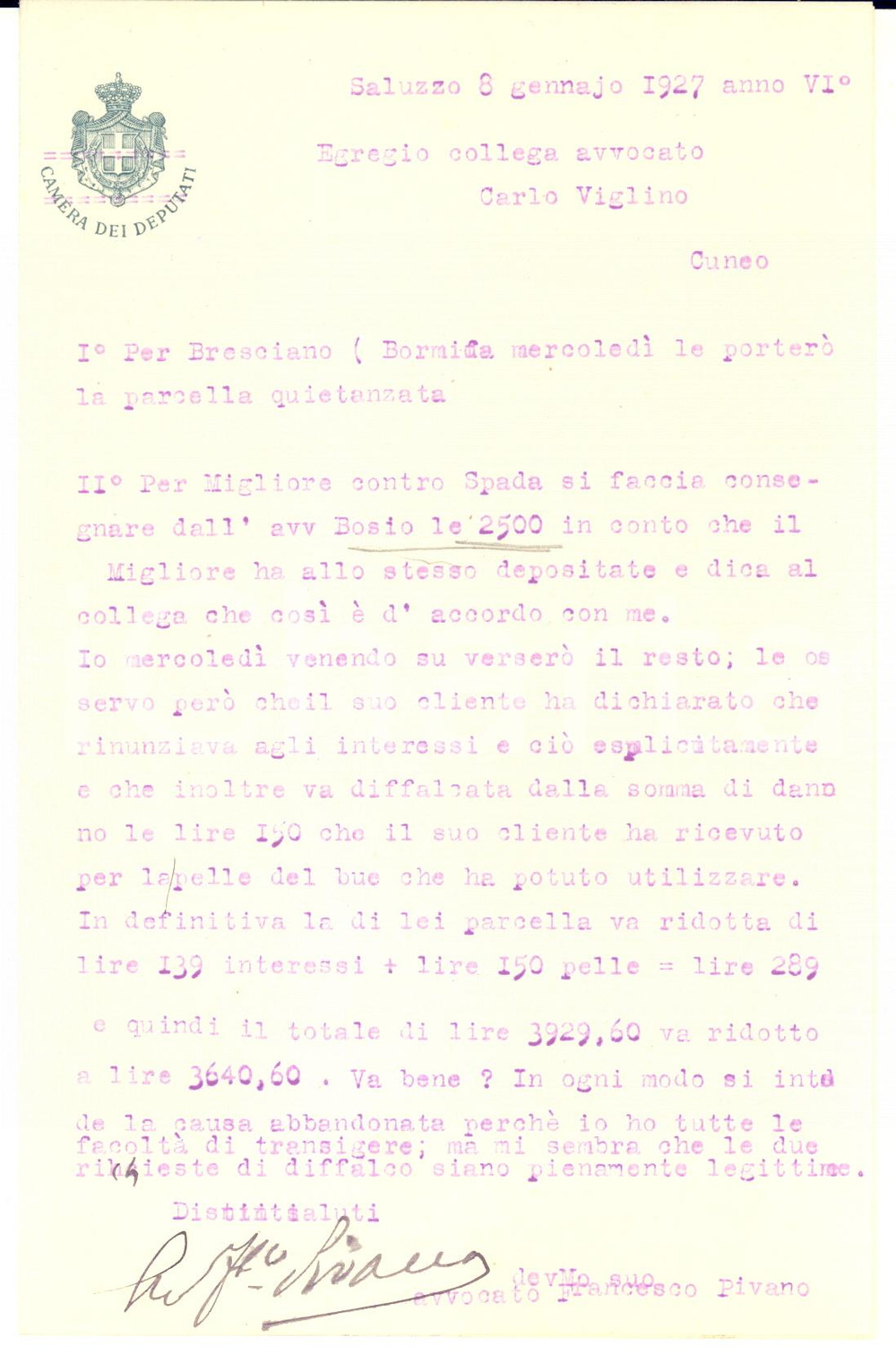 1927 SALUZZO Lettera on. Francesco PIVANO per saldo in causa - AUTOGRAFO