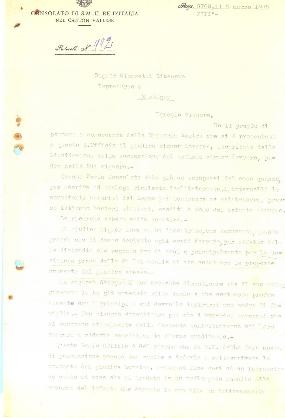 1935 SION (CANTON VALLESE) Lettera console Giovanni Battista AMBROSI - AUTOGRAFO