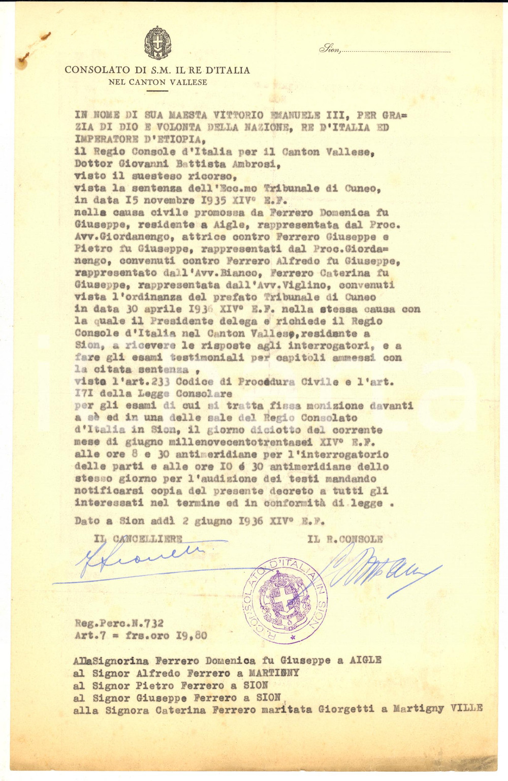 1936 SION (CANTON VALLESE) Udienza console Giovanni Battista AMBROSI - AUTOGRAFO