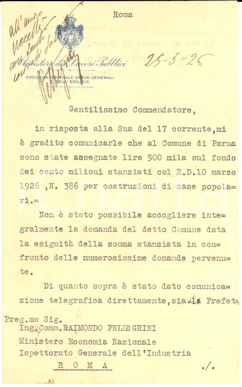 1926 ROMA Ministero dei Lavori Pubblici - Lettera L. BATTISTINI - AUTOGRAFO