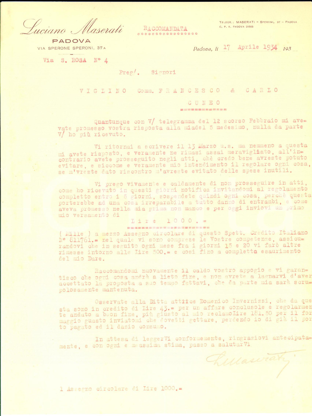 1934 PADOVA Lettera Luciano MASERATI per un versamento -  AUTOGRAFO