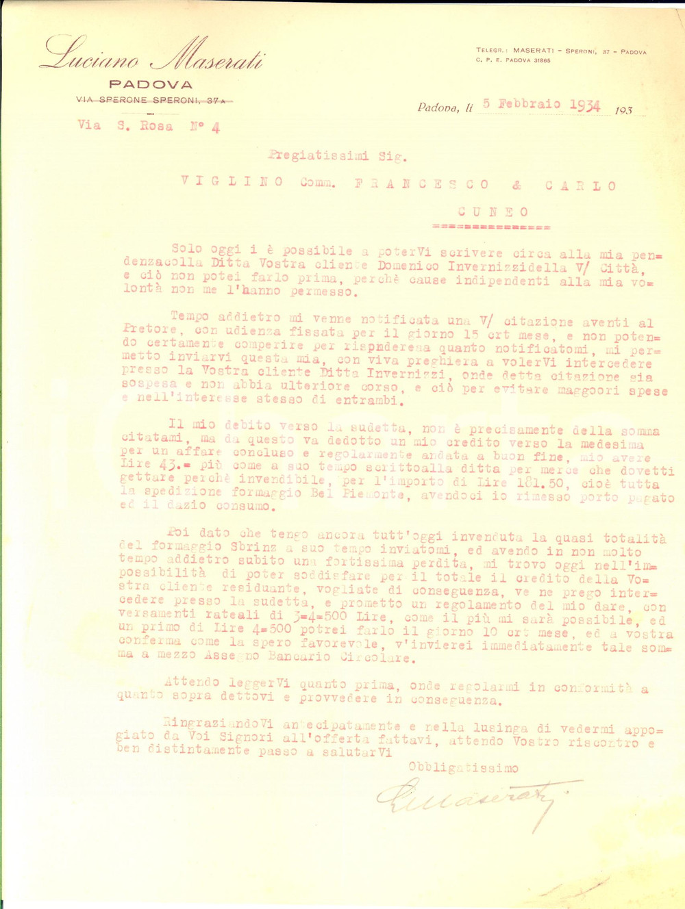 1934 PADOVA Lettera Luciano MASERATI alla ditta VIGLINO di Cuneo -  AUTOGRAFO