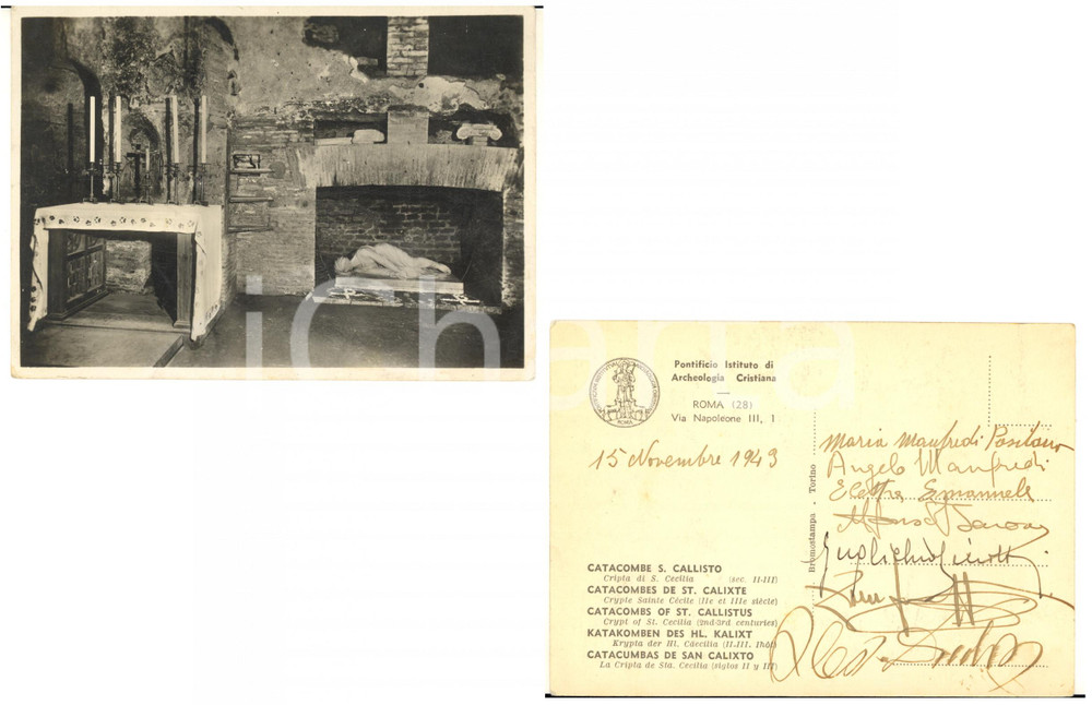 1943 ROMA Pontificio Istituto Archeologia Cristiana - Cartolina con AUTOGRAFI