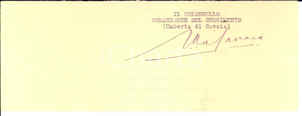 1929 Principe Umberto di SAVOIA Colonnello Comandante - AUTOGRAFO su frammento