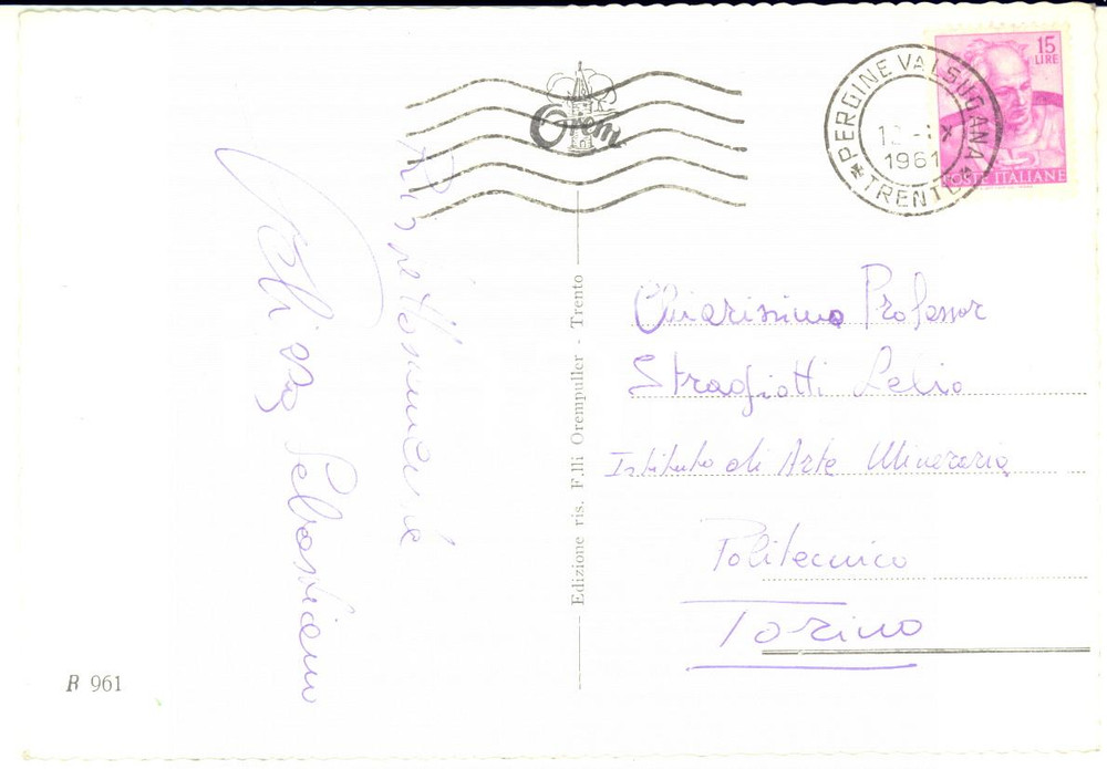 1961 PERGINE VALSUGANA Prof. Sebastiano PELIZZA - Cartolina con AUTOGRAFO FG VG