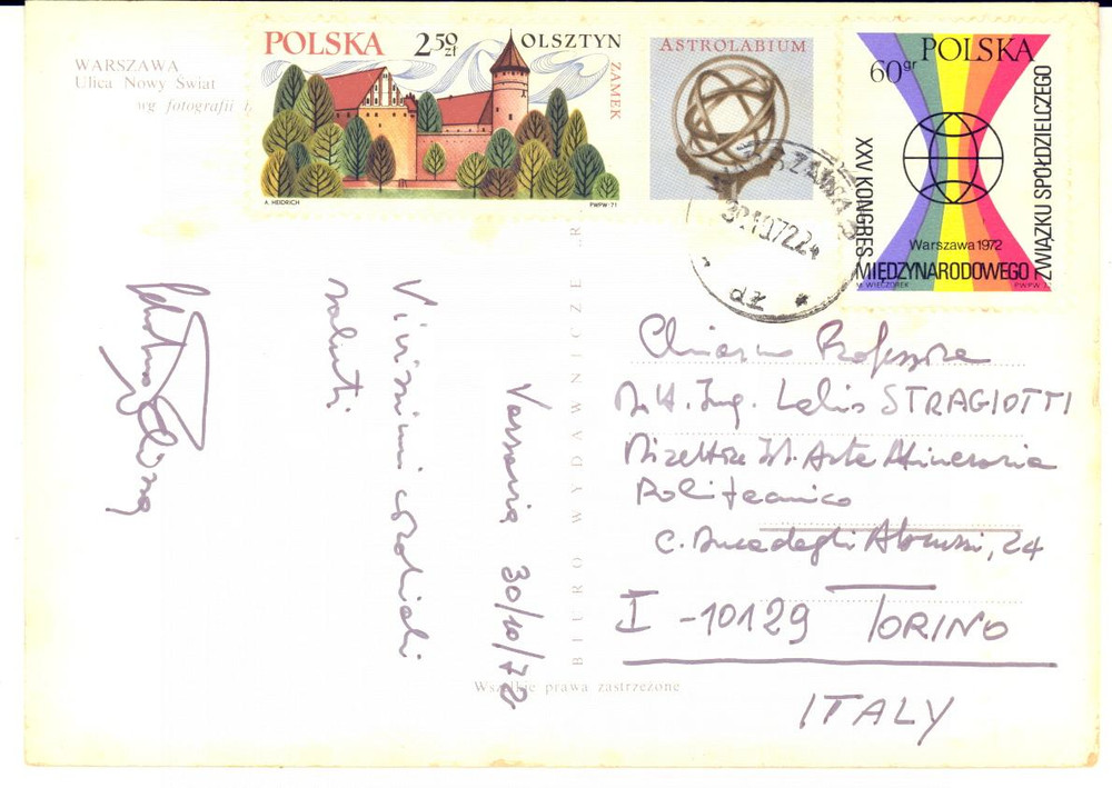 1972 VARSAVIA Prof. Sebastiano PELIZZA - Cartolina con AUTOGRAFO FG VG