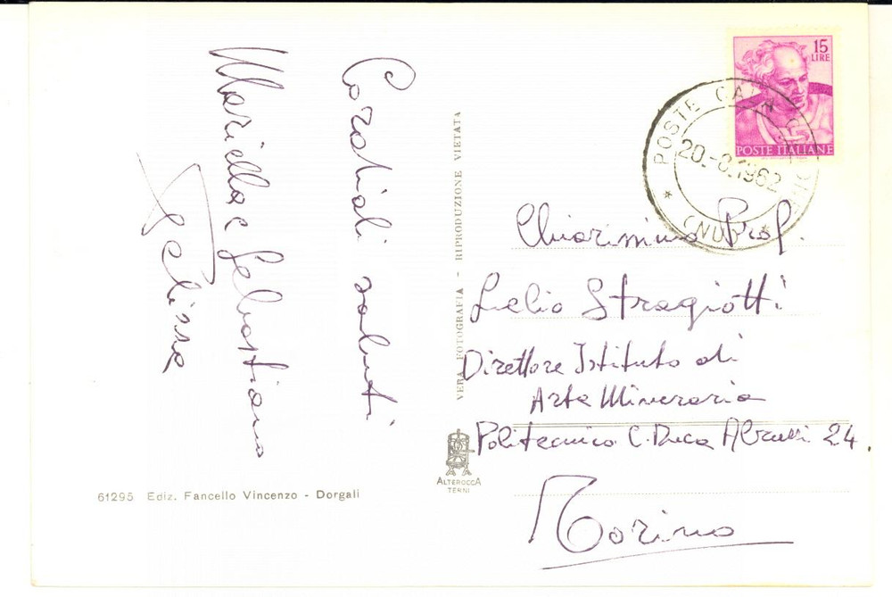1962 DORGALI Albergo BUE MARINO Mariella e Sebastiano PELIZZA - AUTOGRAFO FG VG